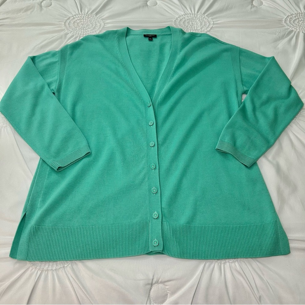 Talbots Green V-neck Button Down Cotton Blend Career Cardigan Sweater Sz Lp - Picture 6 of 14